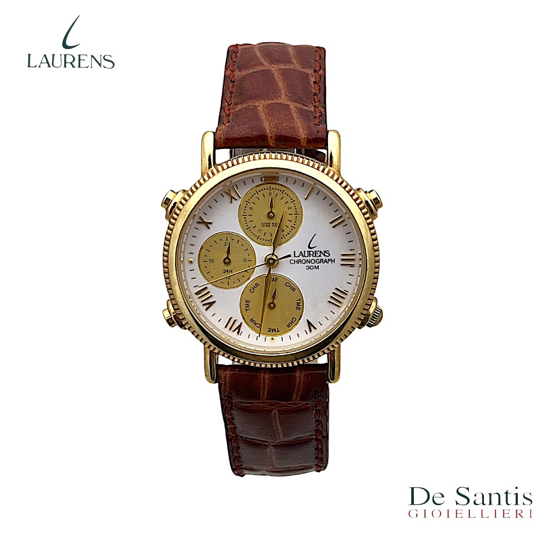 Laurens Orologio Cronografo Cinturino Pelle Marrone Quadrante Bianco Numeri Romani Oro Gioielleria De Santis
