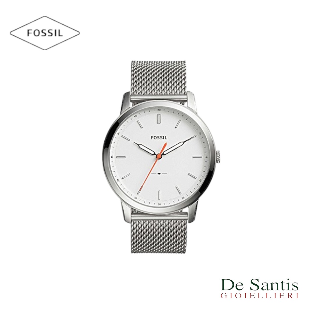 Orologio Fossil The Minimalist Uomo FS5359 | Cassa Slim 44mm, Bracciale in Acciaio Maglia Mesh, Quadrante Bianco, Lancetta Arancione | Il perfetto mix di stile moderno e minimal.