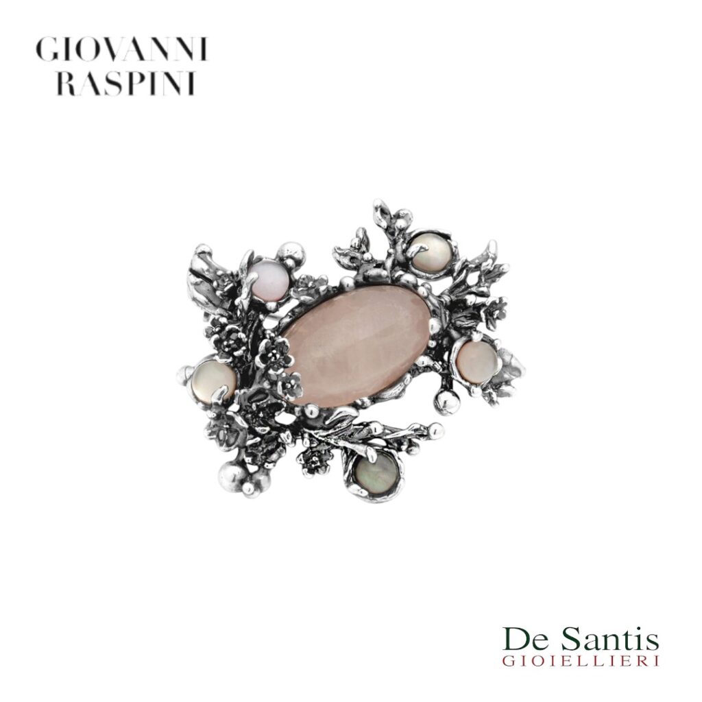 Spilla Raspini Cherry Blossom Argento gioiello scultoreo in argento 925, quarzo rosa e madreperla.