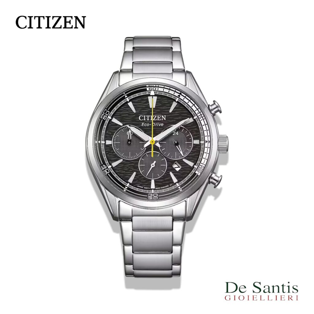 Orologio cronografo da uomo Citizen OF Collection 2026 CA4700-50E in acciaio con quadrante nero e lancetta dei secondi gialla.