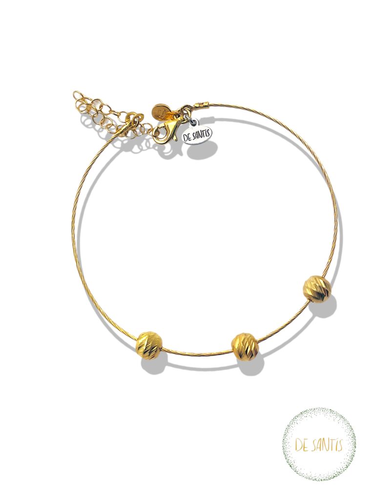 Bracciale donna a filo rigido ritorto in argento dorato De Santis regolabile con tre sfere centrali sfaccettate a taglio diamante Selezione De Santis