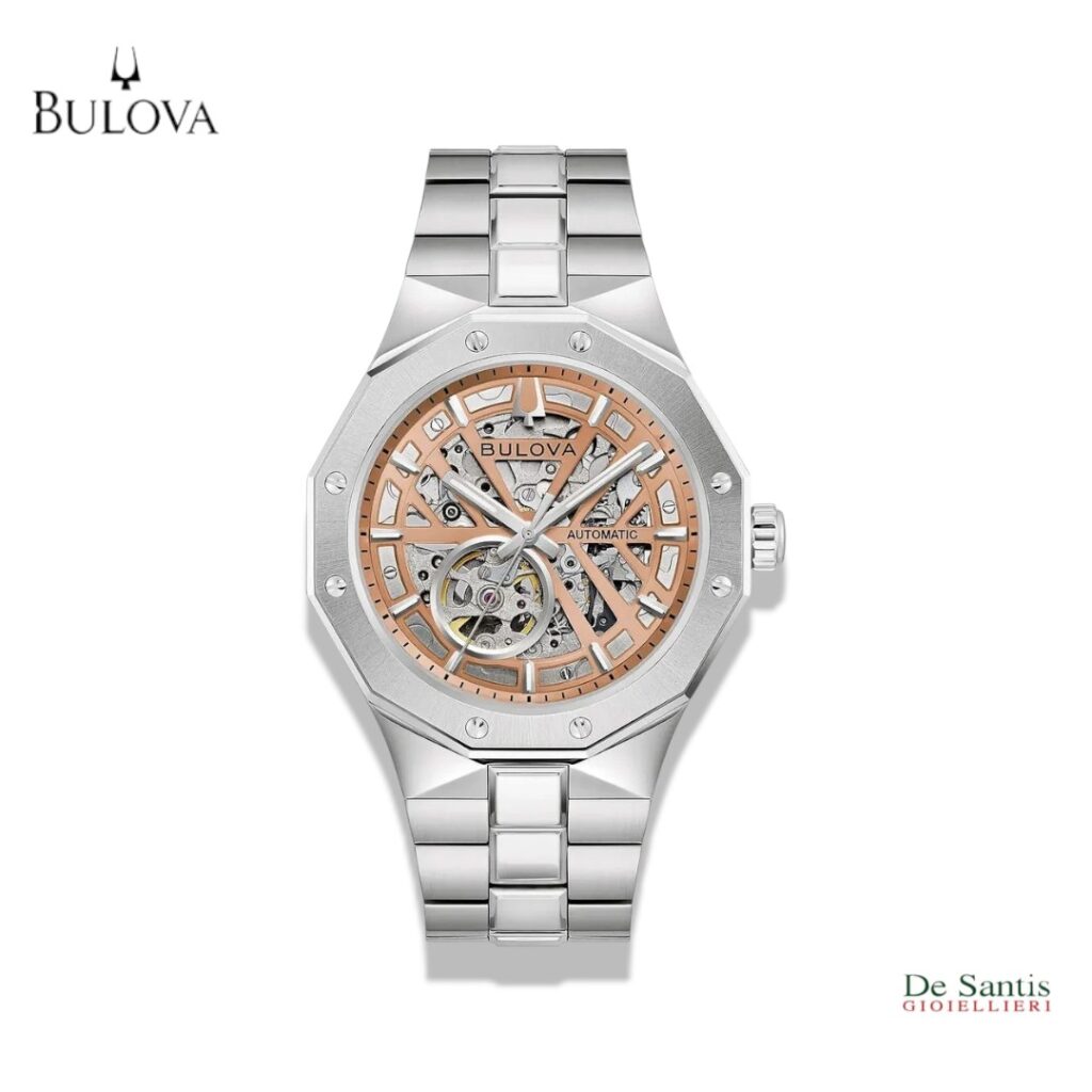Orologio automatico da uomo Bulova Octagon 96A351 cassa ottagonale 42mm in acciaio quadrante scheletrato grigio e bracciale integrato Selezione De Santis