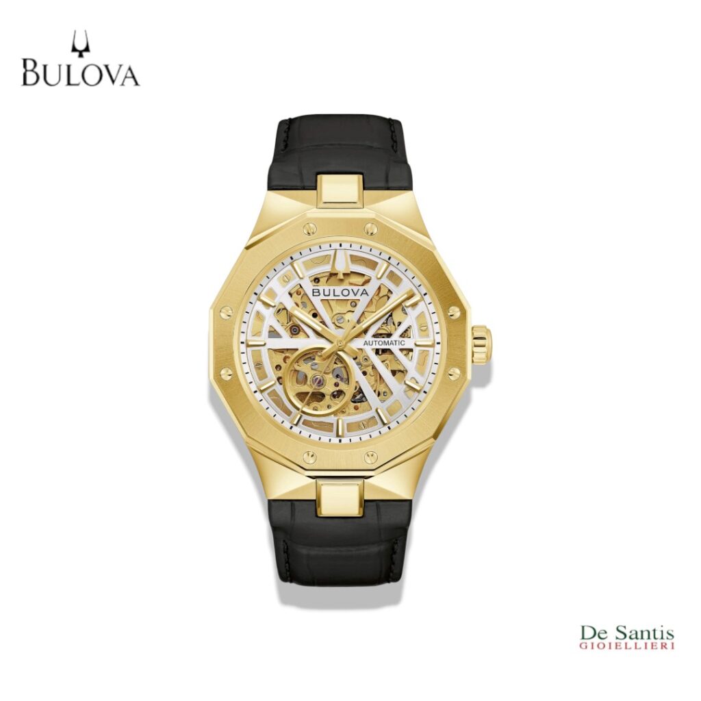 Orologio automatico da uomo Bulova Octagon 97A206 cassa ottagonale 42mm in acciaio IP oro quadrante scheletrato e cinturino in pelle Selezione De Santis