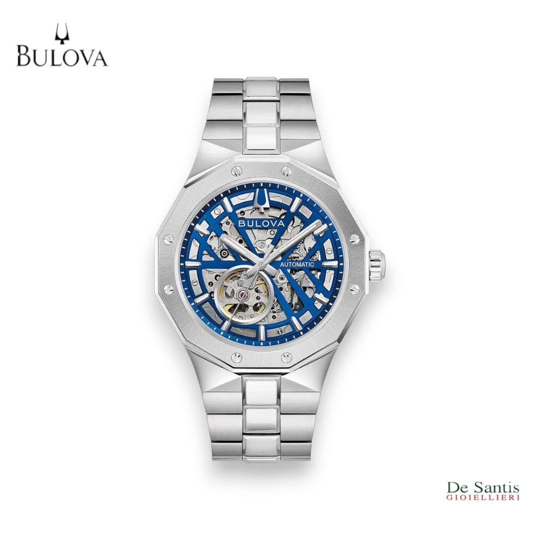 Orologio automatico da uomo Bulova Octagon 96A352 cassa ottagonale in acciaio 42mm con quadrante scheletrato blu elettrico e bracciale integrato Selezione De Santis
