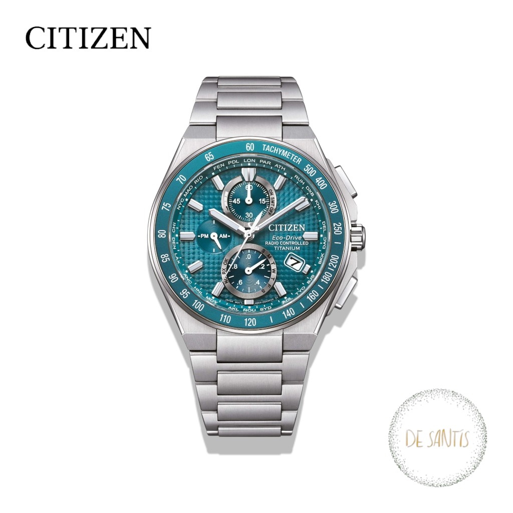 Orologio cronografo uomo Citizen Radiocontrollato H804 Super Titanio AT8397-56Z con quadrante lavorato turchese, ghiera tachimetrica verde acqua e bracciale titanio