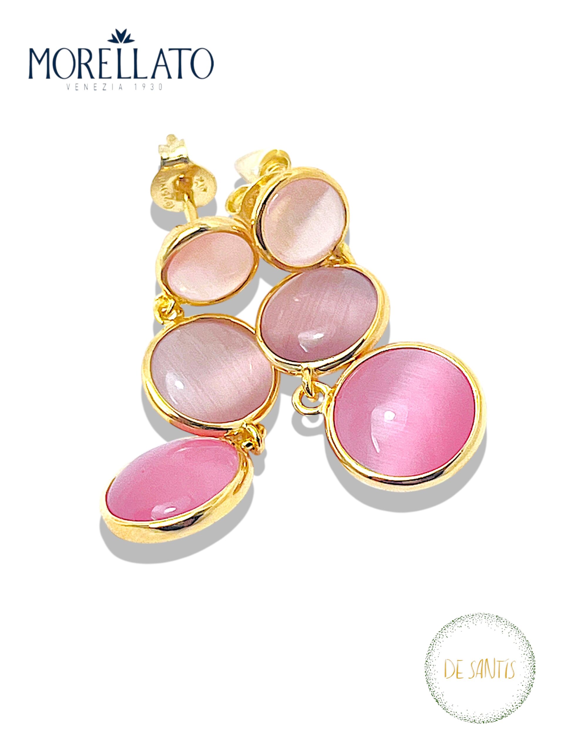 Orecchini pendenti da donna Morellato in argento 925 dorato con tre pietre cabochon dégradé rosa cipria, malva e fucsia Selezione De Santis