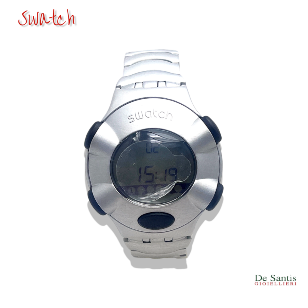 Orologio digitale vintage Swatch .beat linea alluminio con display LCD Internet Time, pulsanti neri e bracciale metallico Selezione De Santis