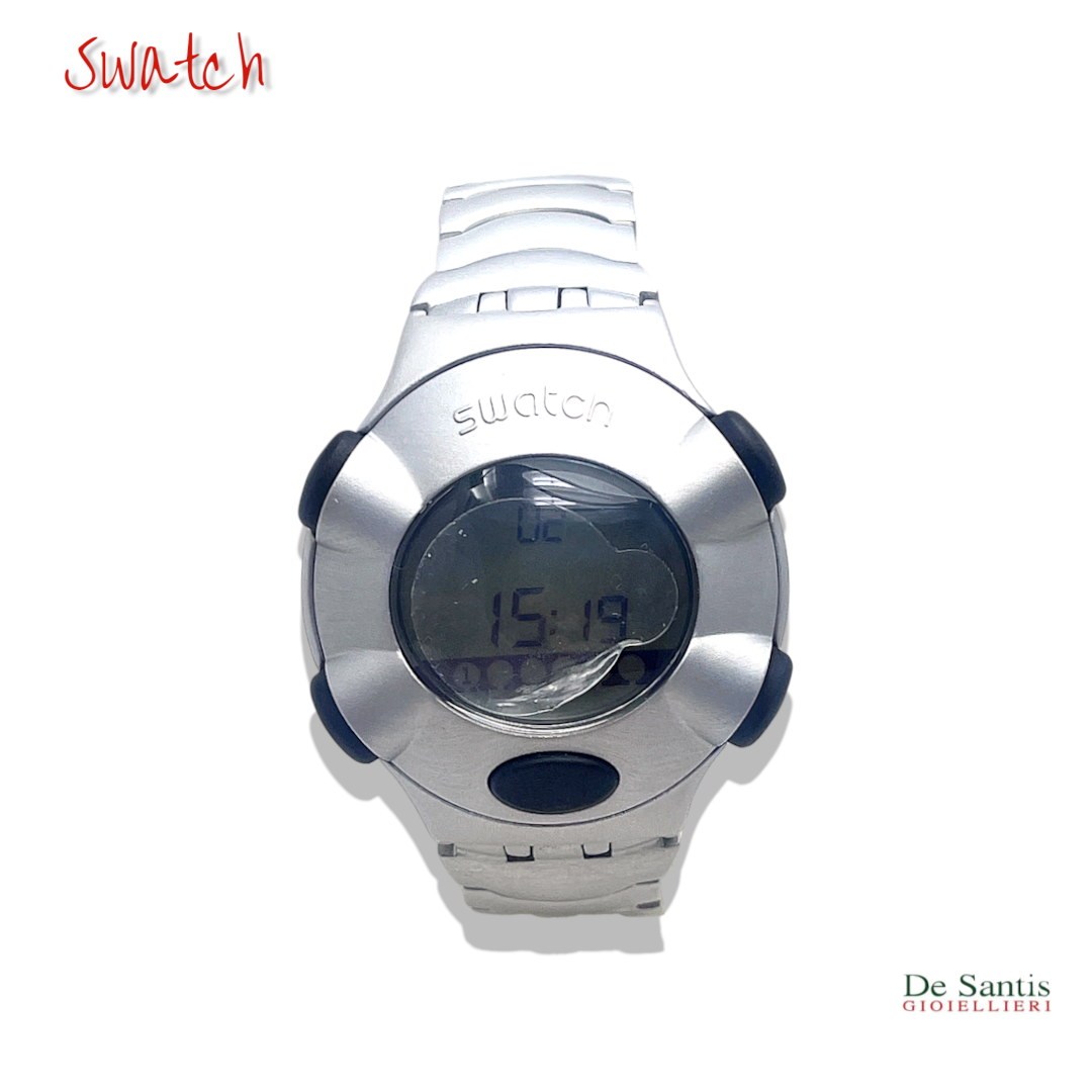 Orologio digitale vintage Swatch .beat linea alluminio con display LCD Internet Time, pulsanti neri e bracciale metallico Selezione De Santis