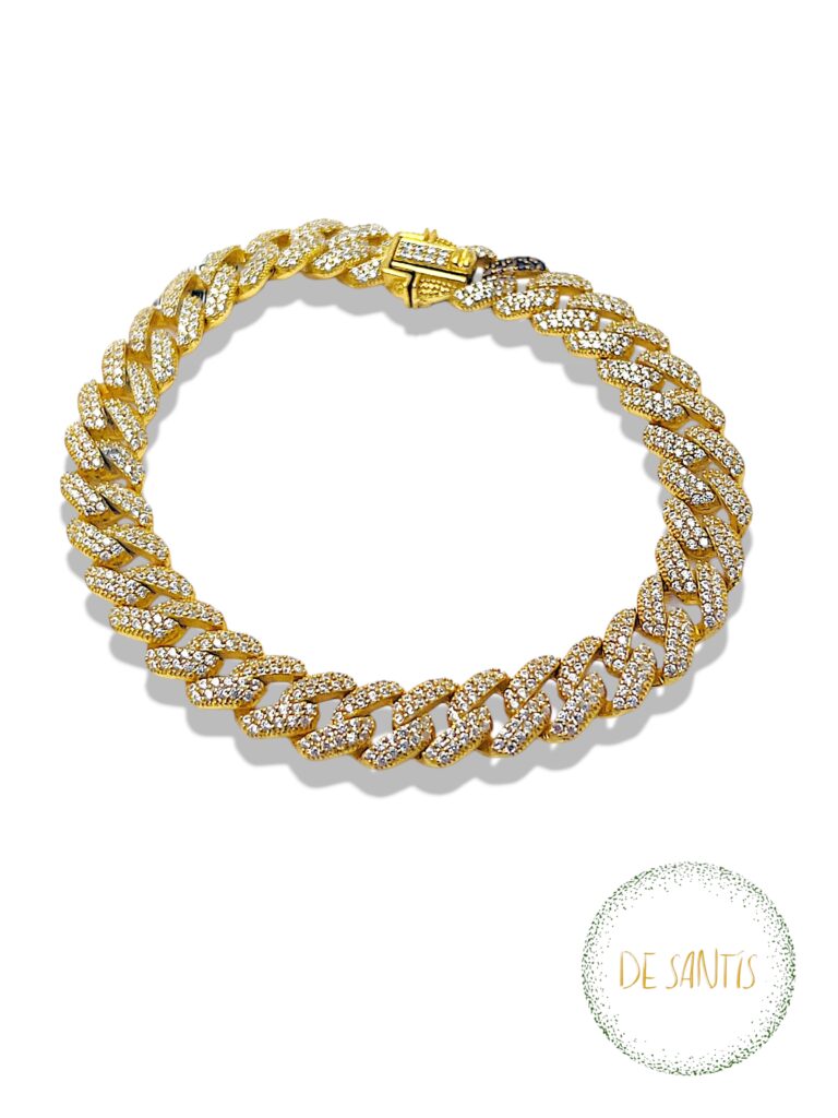 Bracciale a maglia cubana Cuban link in argento dorato De Santis con pavé continuo di zirconi bianchi taglio brillante e dettaglio zirconi rossi Selezione De Santis