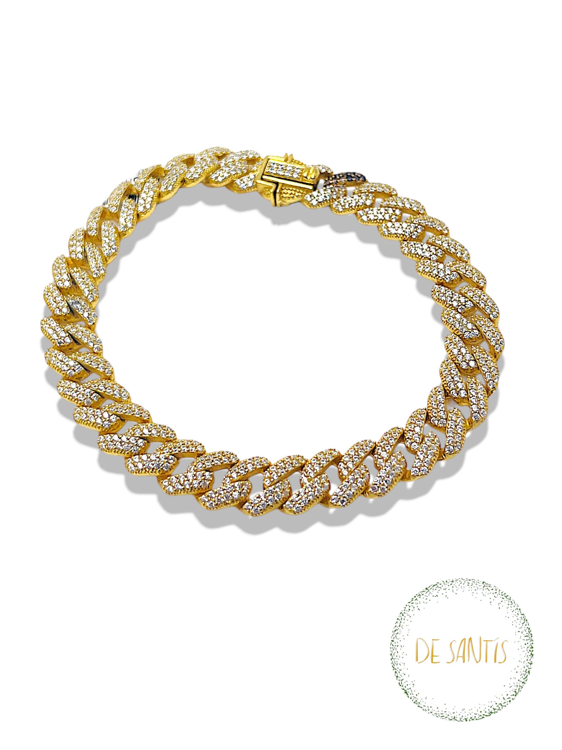 Bracciale a maglia cubana Cuban link in argento dorato De Santis con pavé continuo di zirconi bianchi taglio brillante e dettaglio zirconi rossi Selezione De Santis