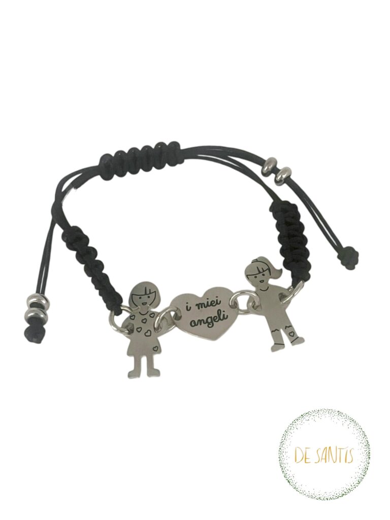 Bracciale I Miei Angeli Regolabile Argento e Cordino nero con ciondoli bimbe e cuore Selezione De Santis