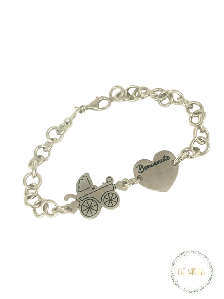 Bracciale in Argento Benvenuto 21 cm con ciondolo carrozzina e cuore inciso regalo nascita Selezione De Santis
