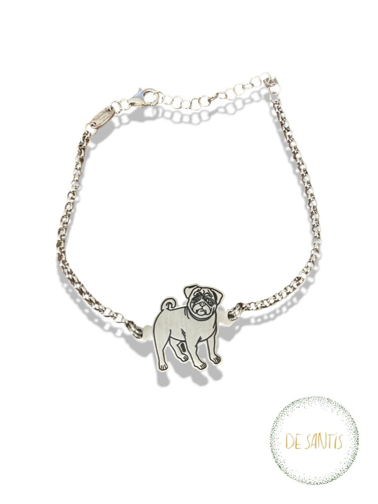 Bracciale in Argento Cane 21 cm con ciondolo sagomato carlino inciso Selezione De Santis