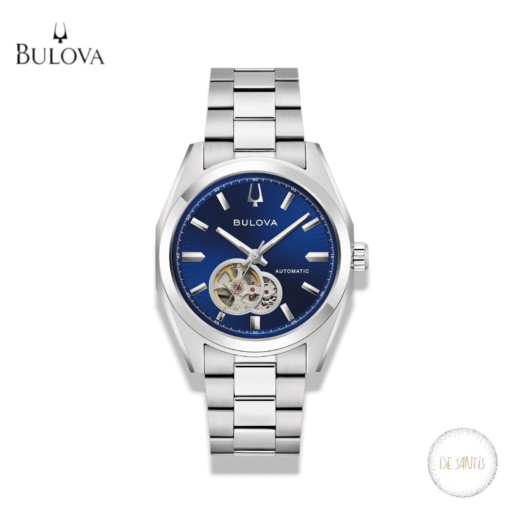 Orologio Bulova Surveyor Automatico 39mm 96A350 da uomo in acciaio con quadrante blu open heart e bracciale in metallo Selezione De Santis