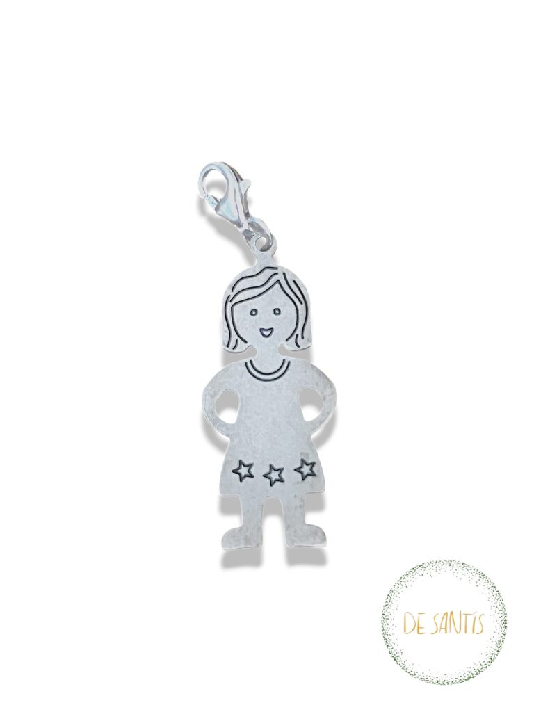 Ciondolo in Argento Bimba 3 cm sagoma bambina con vestitino e moschettone Selezione De Santis