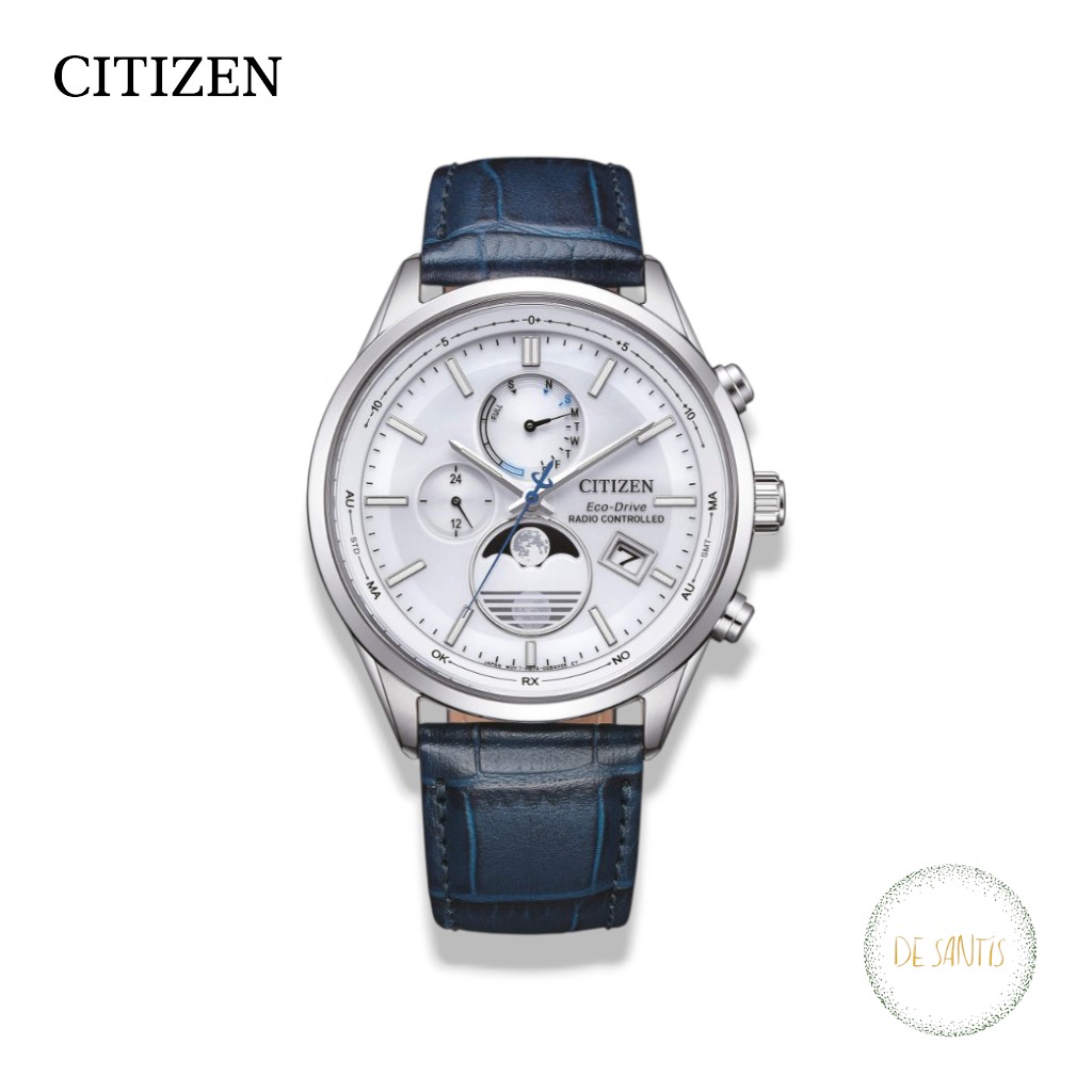 Orologio uomo Citizen Tsuki-Yomi Moon Phase Radiocontrollato BY1030-09A quadrante bianco fasi lunari e cinturino pelle blu Selezione De Santis