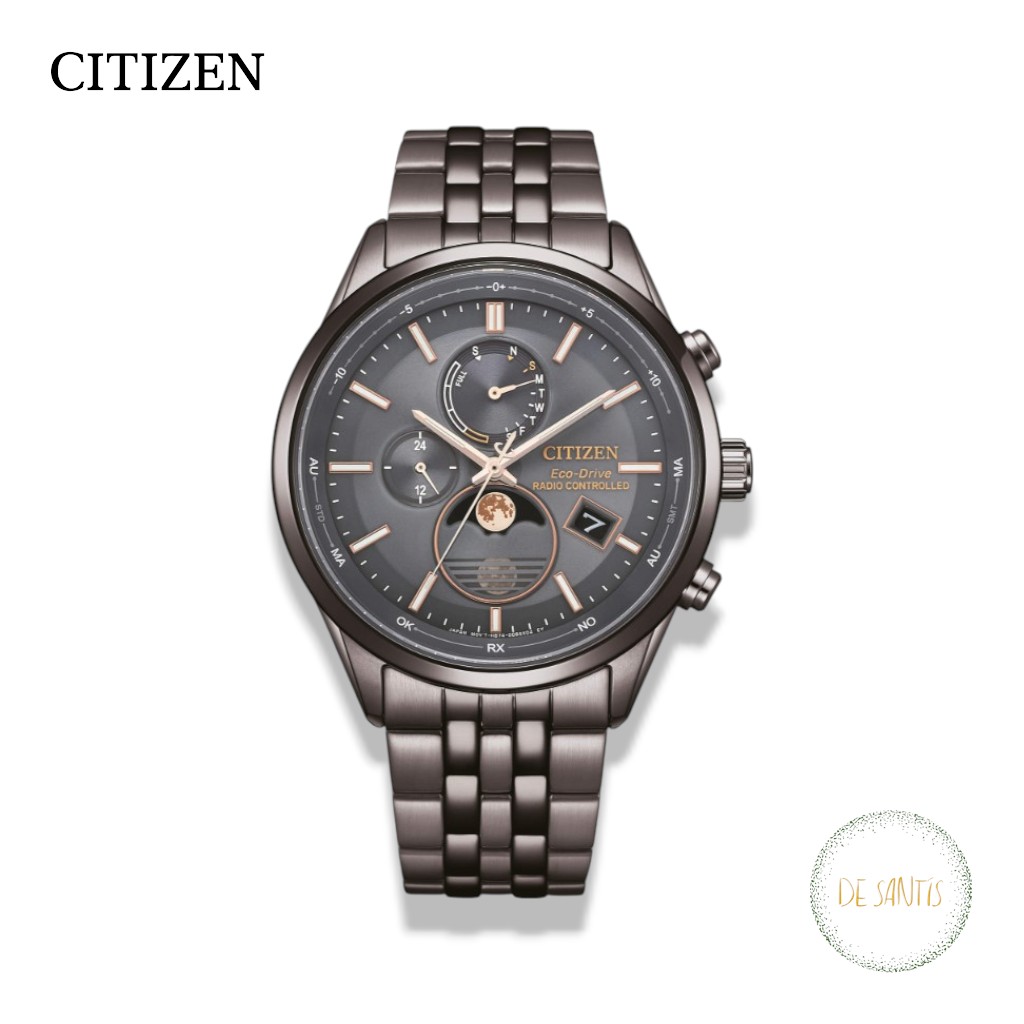 Orologio Citizen Tsuki-Yomi Moon Phase Radiocontrollato Grigio BY1037-51H in acciaio antracite con quadrante fasi lunari dettagli oro rosa Selezione De Santis