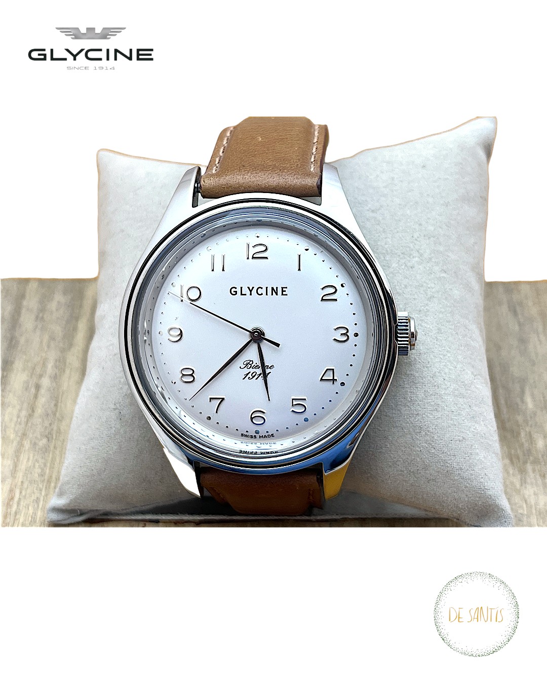 Orologio Glycine Bienne 1914 Carica Manuale 44mm 3794 in acciaio con quadrante argento numeri arabi e cinturino pelle Selezione De Santis